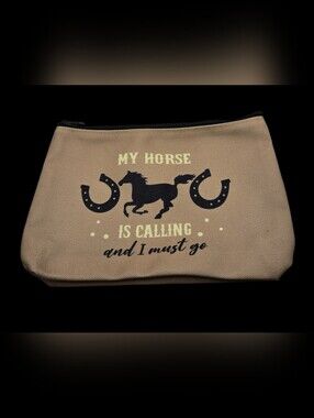"5/$40" Tan Taupe/Black New Canvas Zip Up Horse Themed Cosmetic Make Up Bag